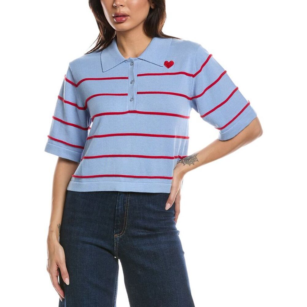 Wispr Womens  Stripe Button Up Polo Sweater, Blue